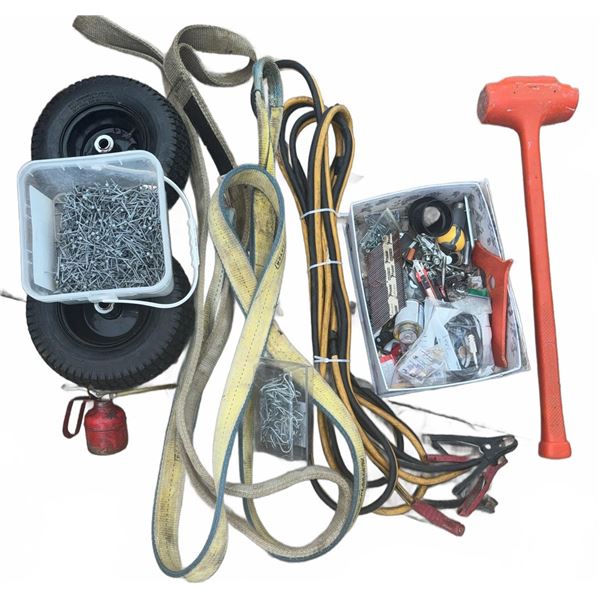 Tools and Hardware Lot Including Straps, Booster Cables, Mallet, and Fasteners