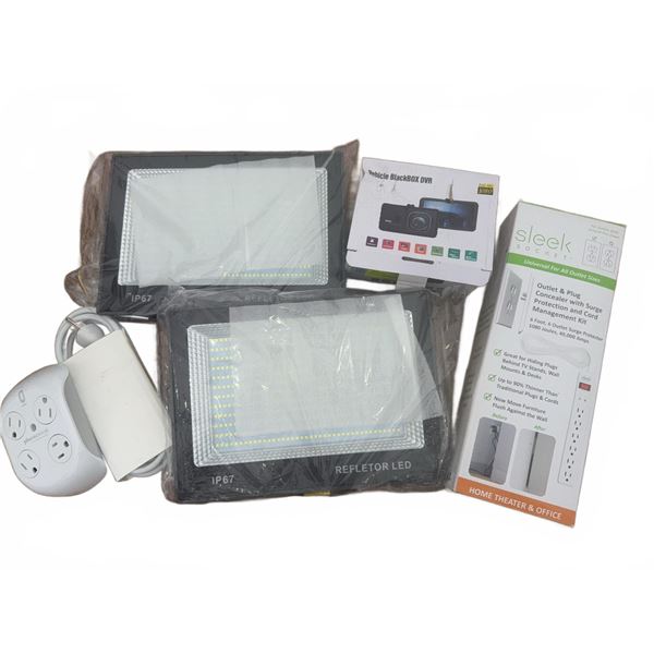 Lot: 2 IP67 LED Floodlights, BlackBox DVR, Power Strip, Sleek Socket