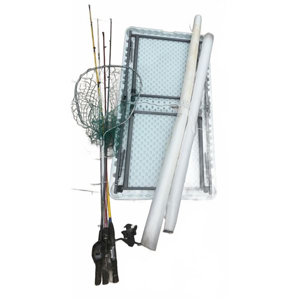 Folding Plastic Table, Fishing Rods with Reels and Net, and Two Rolled Plastic Sheets