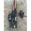 Image 6 : Folding Plastic Table, Fishing Rods with Reels and Net, and Two Rolled Plastic Sheets