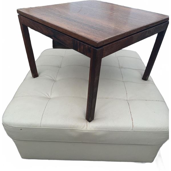 Square Tufted White Upholstered Ottoman and Wooden Side Table
