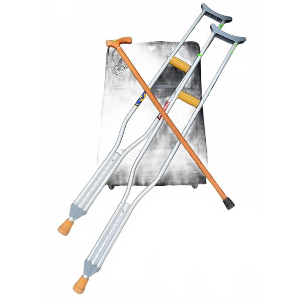 Hospital Bound Mobility Aids: Pair of Aluminium Crutches and Wooden Cane