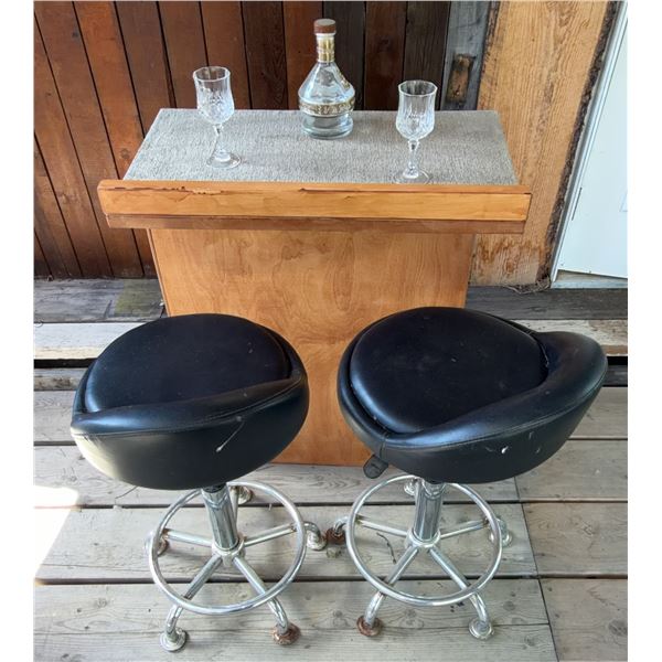 Wood Mini Bar w/ 3 Drawers & 2 Black Bar Stools