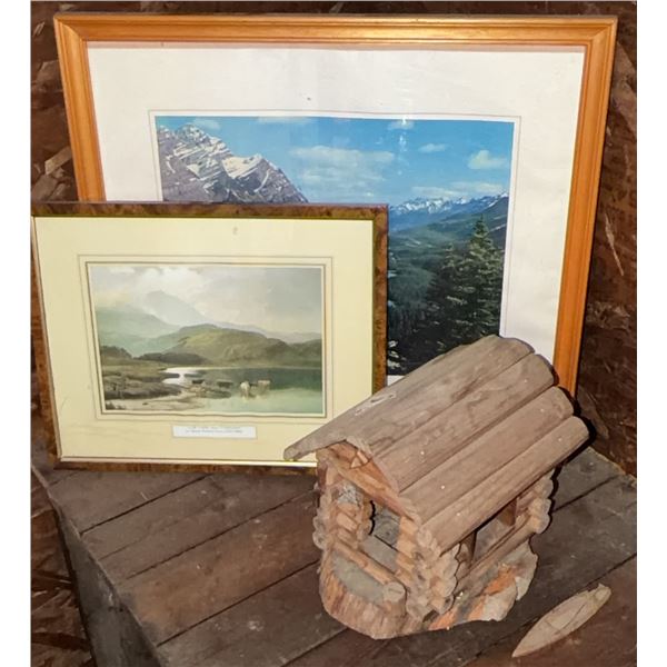 2 Framed Prints and Log Cabin Birdhouse