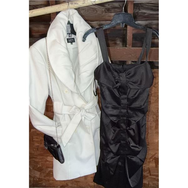 Suzy Shier Women's White Coat M, Le Château Black Dress S, Clutch