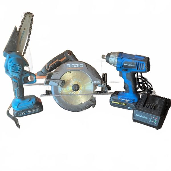 Cordless Power Tools Collection Including Mastercraft, Ridgid, and Peektook