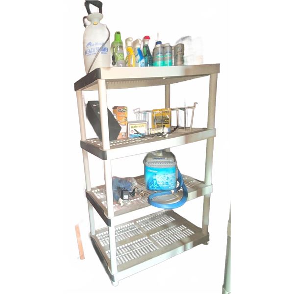 Plastic Utility Shelf with Assorted Hot Tub and Cleaning Products