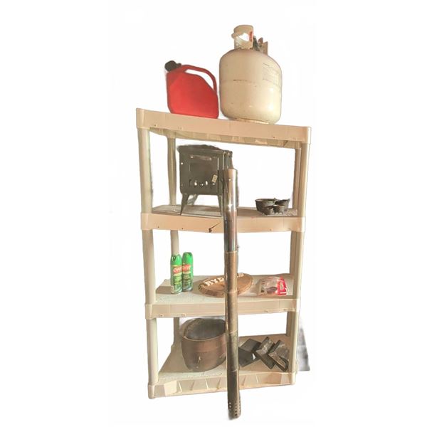 Utility Shelf with Wood Burning Stove, Cast Iron Cauldrons, Propane Tank, Jerry Can