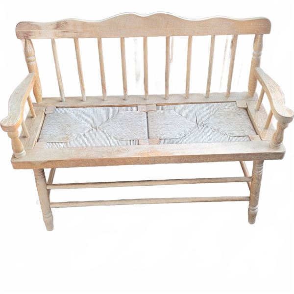 Handmade Oak Bench with Woven Rattan Seat