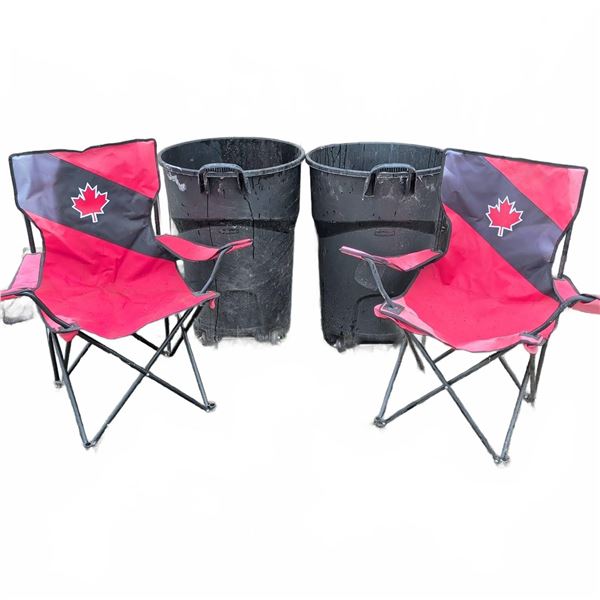 Folding Camping Chairs with Canadian Flag Logo and Two Rubbermaid Trash Bins
