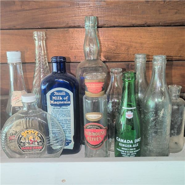 Glass Bottles Including Clark's Ketchup, Rexall, Clubhouse Olives, and Canada Dry