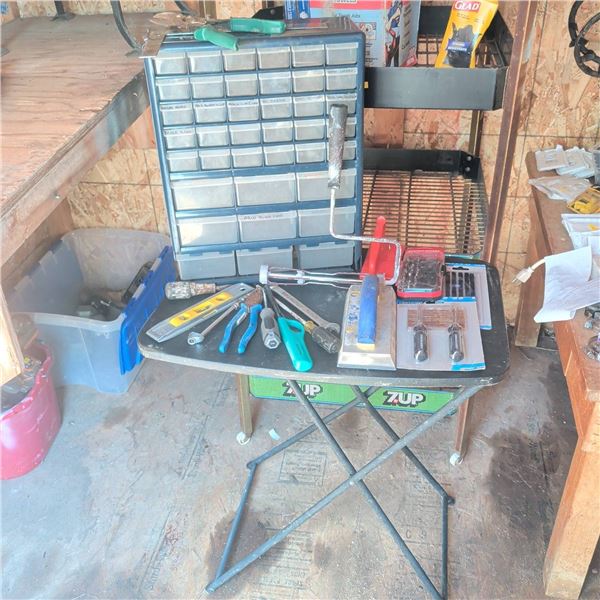 Hand Tool Lot With Parts Organizer and Tire Repair Kits