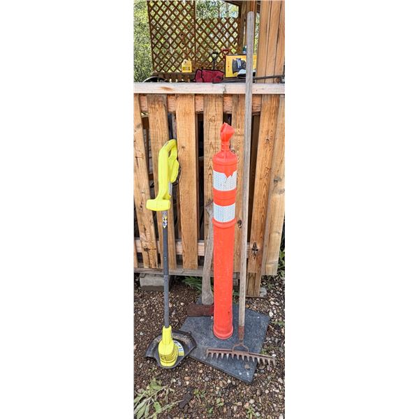 Yard Tools Lot: Ryobi Trimmer, Rake, Axe, Traffic Post
