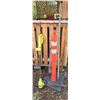 Image 1 : Yard Tools Lot: Ryobi Trimmer, Rake, Axe, Traffic Post