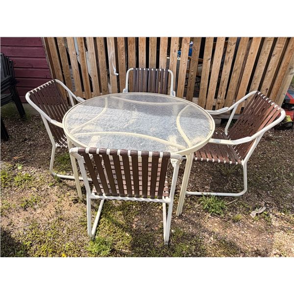 Patio Set With Glass Table and Four Metal Strap Chairs