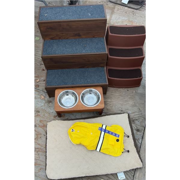 Small Dog Home Accessories Lot With Steps, Bowls, Mat, and Coat