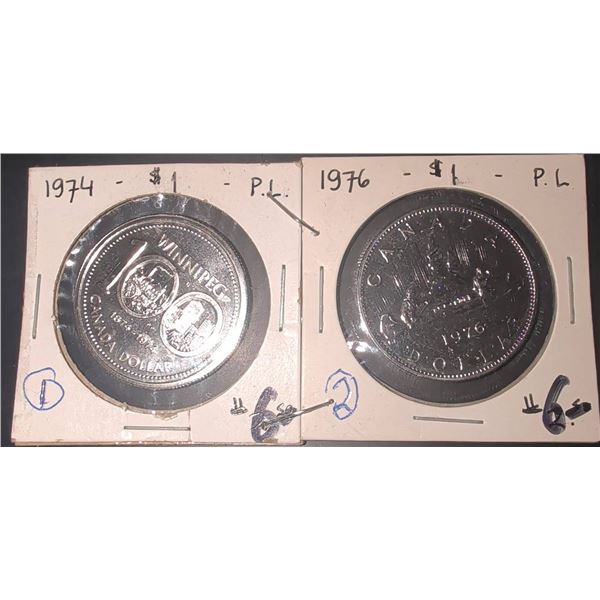 1974 and 1976 Canada $1 Proof-Like Silver Dollar Coins