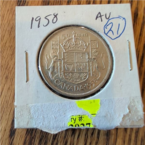 1958 Canada 50 Cents Silver Coin, Elizabeth II, AU Condition