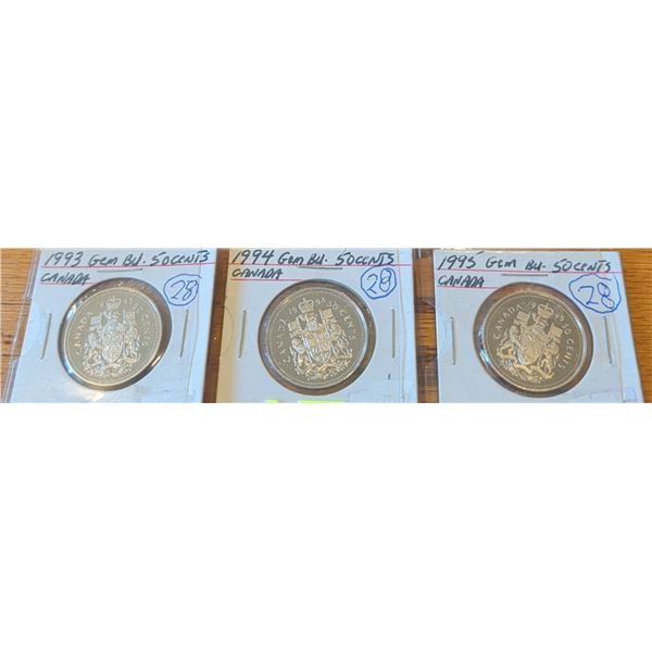 1993, 1994, 1995 Canada 50 Cent Gem BU Coin Trio