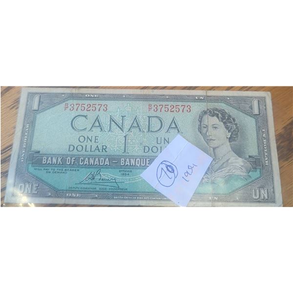 1954 Bank of Canada $1 Dollar Bill, QEII, Serial 3752573