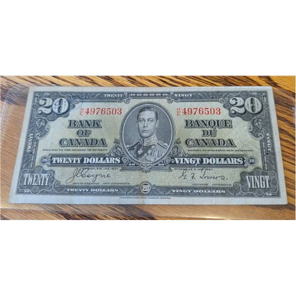 1937 Bank of Canada $20 Note, King George VI, Vingt Dollars