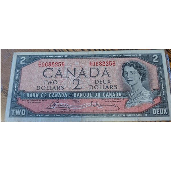1954 Bank of Canada $2 Dollar Note, Devil's Face, Red Seal