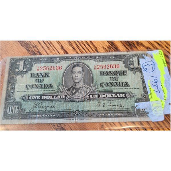 1937 Bank of Canada One Dollar Note, King George VI