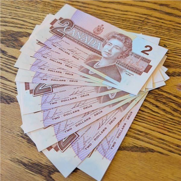 10 1986 Canadian $2 Bills, Uncirculated, QEII, Bank of Canada