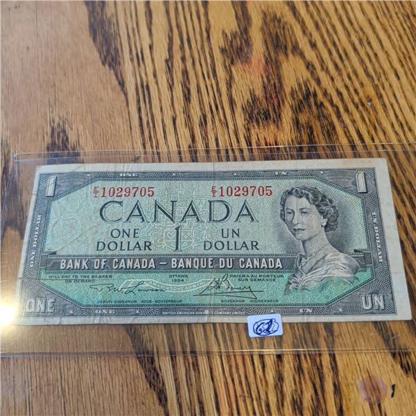 1954 Bank of Canada $1 Dollar Bill, QEII, Serial #1029705