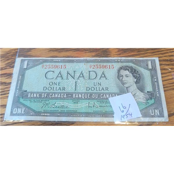 1954 Bank of Canada $1 Bill, Queen Elizabeth II, Serial 2559615