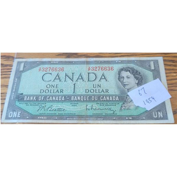 1954 Canada $1 Dollar Banknote, Queen Elizabeth II