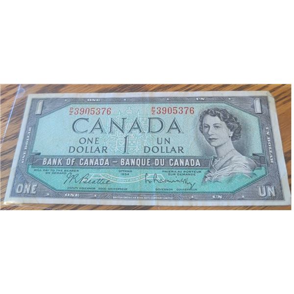 1954 Bank of Canada $1 Bill, Series 39105376, Queen Elizabeth II