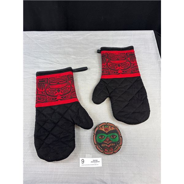 Pair of West Cost Native Oven Mitt and Small Carving Signed