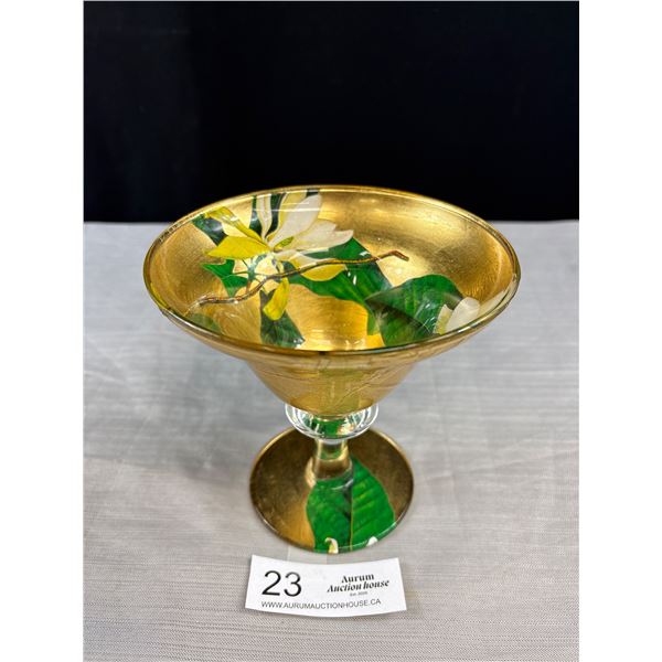 Very Nice 6" Tall Hand Painted Glass Bowl Signed on Bottom