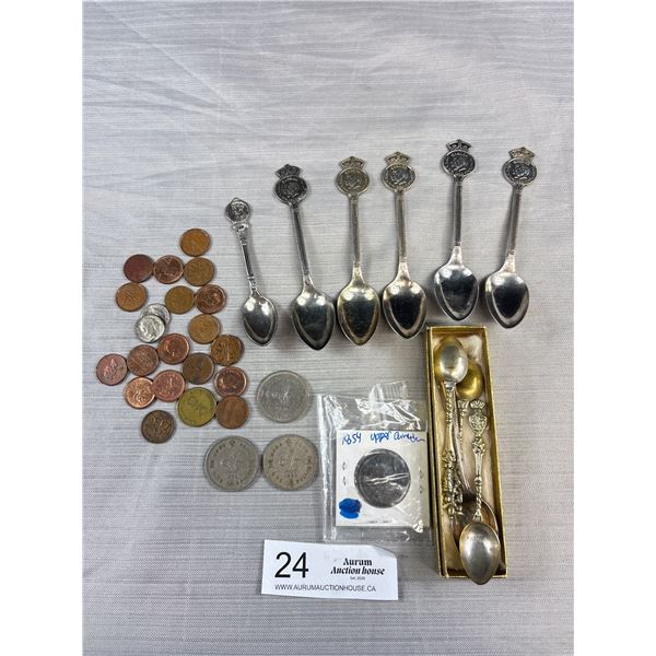 Nice Collectible Lot of Souvenier Spoons, World Coins and 1854 Upper Canada Penny