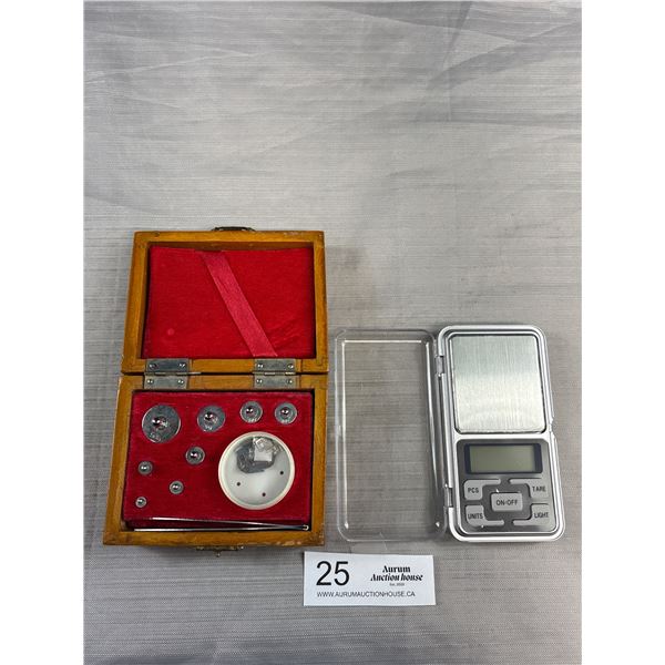 Handheld Scale + Vintage Box of Stale Weights