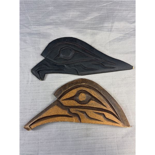 2 Signed West Coast Native Carving Nootka BC Eagle and Raven Heads by Kim Jewels