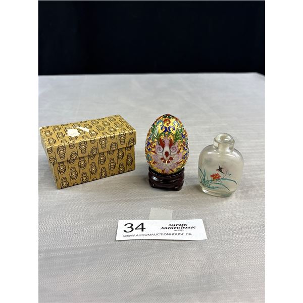 Very Nice Cloissone Egg On Stand w/ Old Asian Snuff Bottle