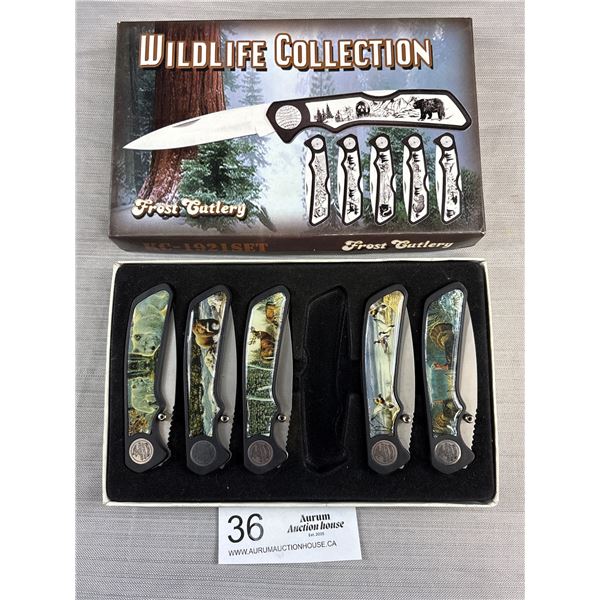 The Wildlife Collection Folding Knives in Box, Missing One Knife, 5 in Total