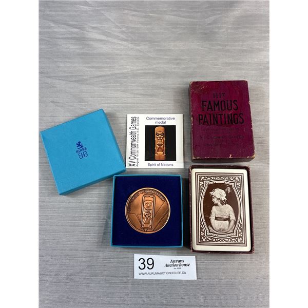 Commemorative Common Wealth Names, Spirit of Nations, Medal in Original Box + Famous Paintings Playi