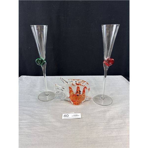 2 Vintage Murano Snail Stem Champage Flute + A Murano Style Art Glass Angel Fish