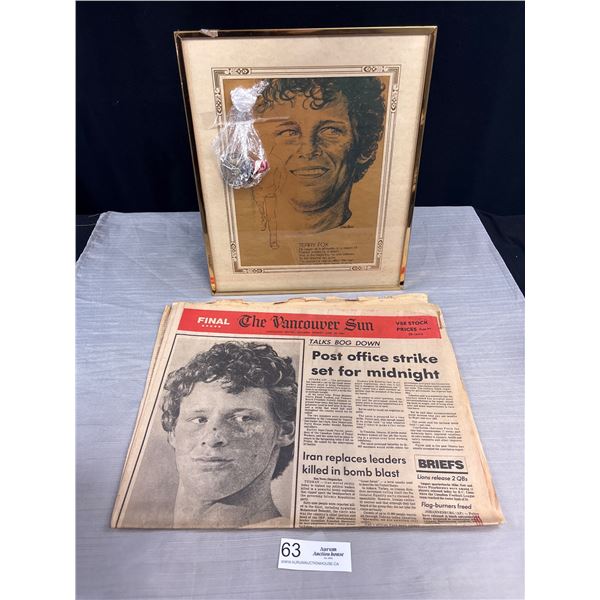 Nice Collectible Terry Fox Lot of Newspaper, Brain Picture and Metal