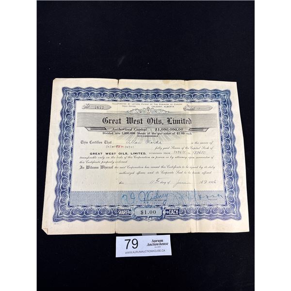 1926 Great West Oils Shares Certificate (Calgary Alberta)