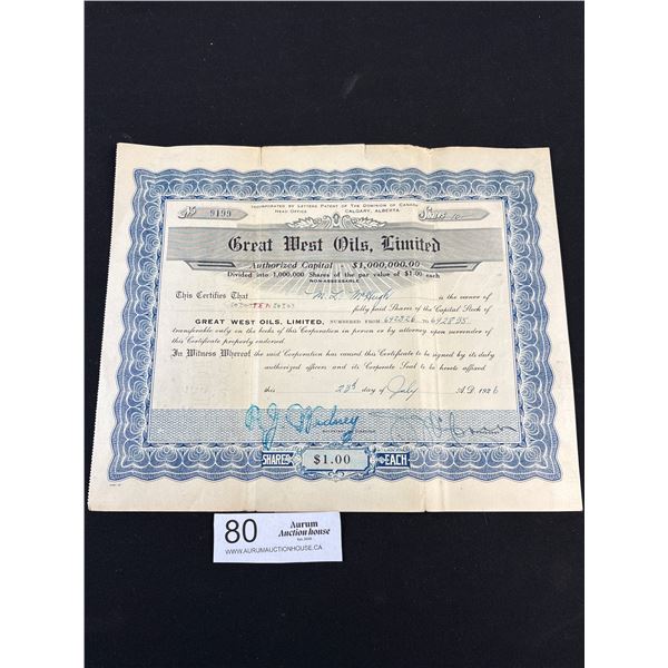 1926 Great West Oils Shares Certificate (Calgary Alberta)