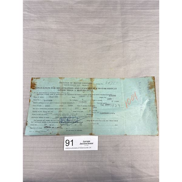 An Early (1923) Application For A Motor Vehicle Registration
