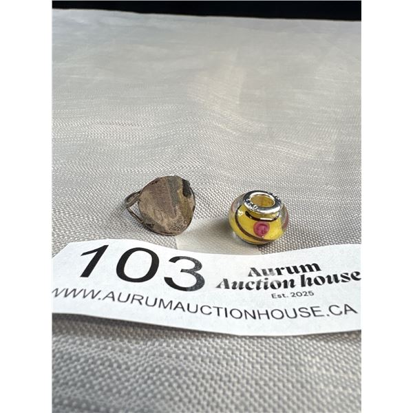 Antique Sterlling Coin Ring + Sterling + Glass Bead