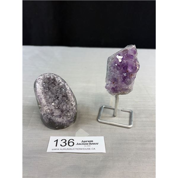 Nice Lot of 2 Crystals - 1 Amethyst Geode and 1 Purple Amethyst on Stand