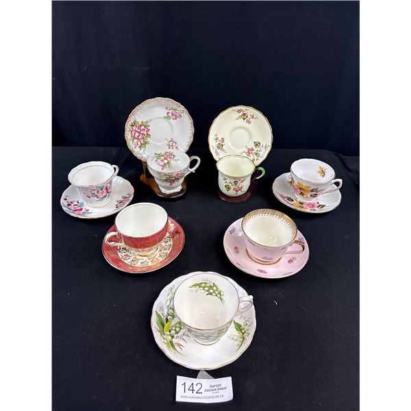 Nice Lot of 7 Bone China Teacups and Saucers No Chips or Cracks, Royal Vale, etc