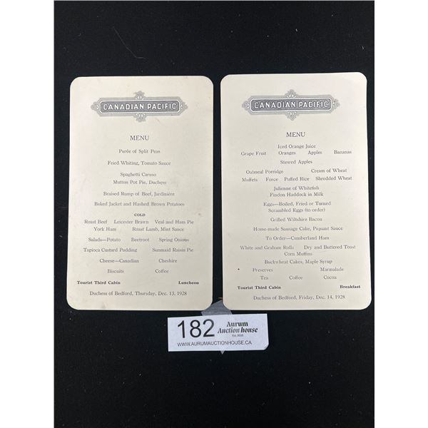 2x 1928 Canadian Pacific Menus