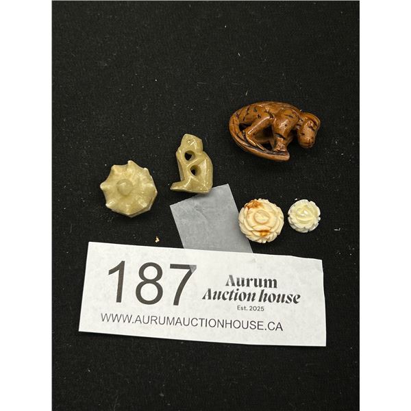 5 Antique Miniature Carvings Ivory, Soapstone and Nut